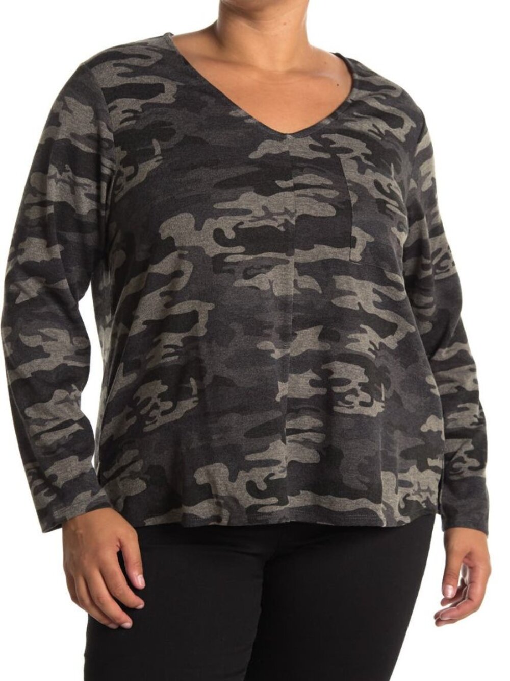 Sanctuary Camo Pocket Sweater Pullover V-Neck Knit Top Black & Gray Size 1X